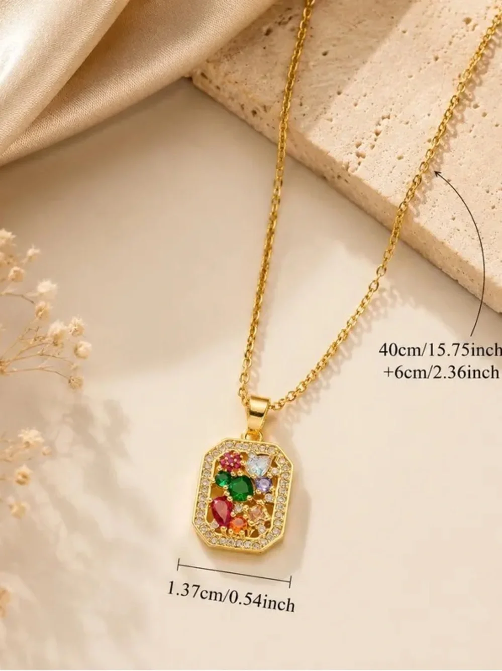 18K Gold Plated Colorful Zircon Necklace for Women, Rainbow Gemstone Pendant